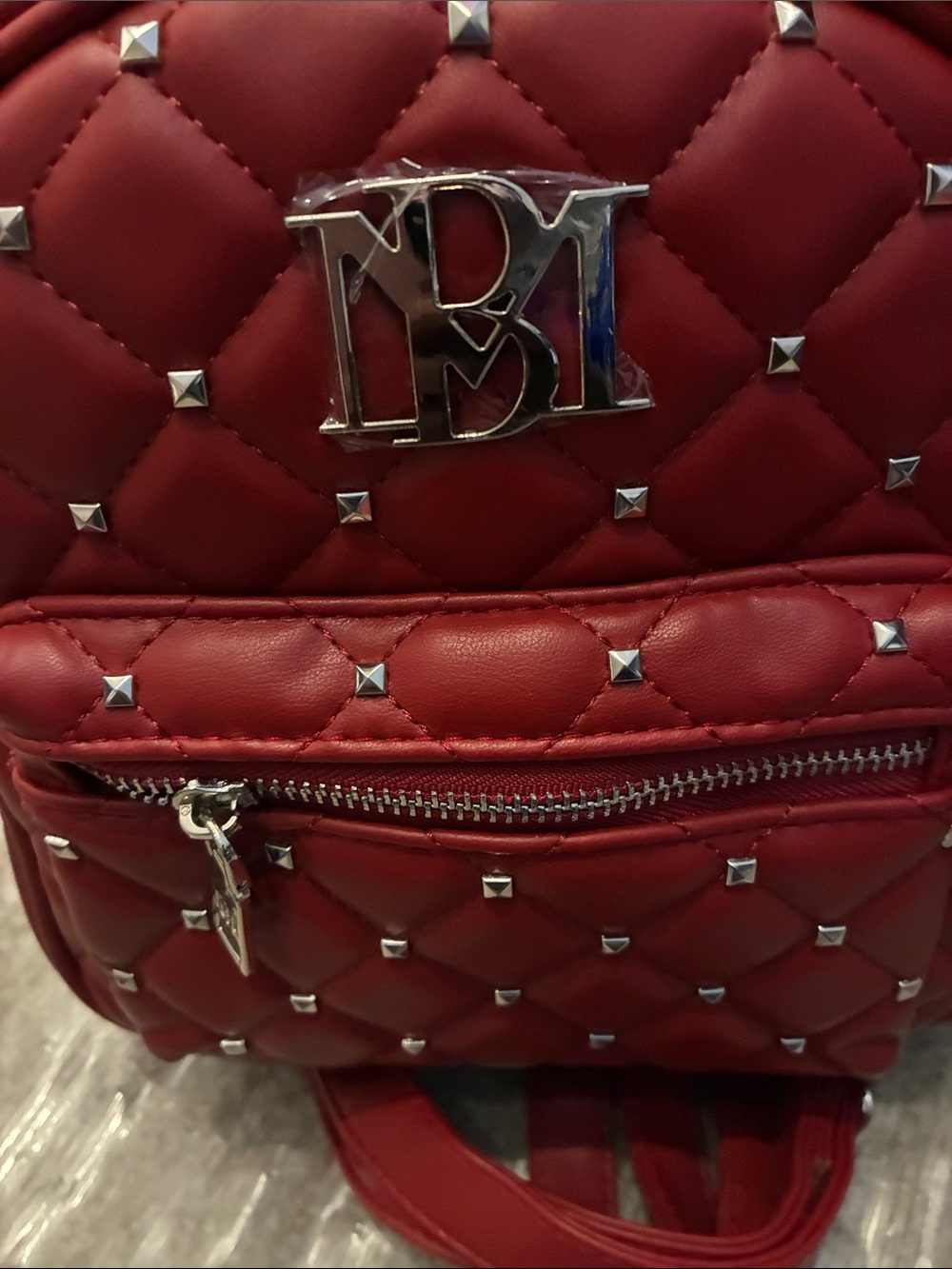 Badgley Mischka Quilted Red Mini Backpack with Silver Studs - Picture 5 of 6